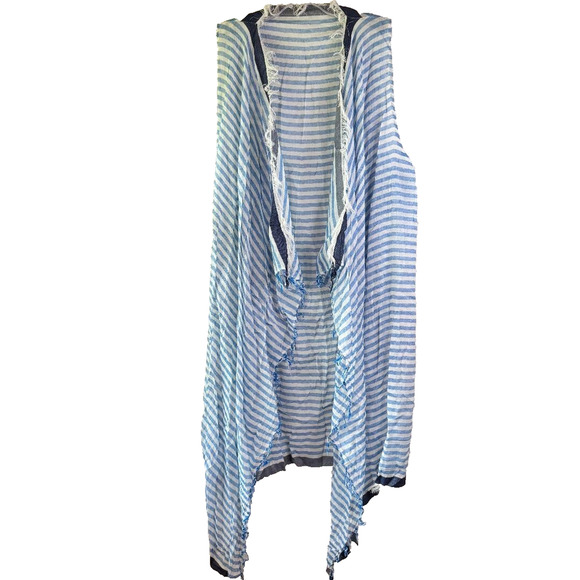 Randi & Will Long Open Cardigan Blue & White Stripe Women's One Size Sleeveless - Picture 1 of 9